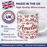 Personalized Custom Name Red Snowflake Winter Holiday Minimal Seamless Pattern Lovely 11oz Ceramic Coffee Tea Mug White Large Handle
