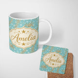 Personalized Custom Name Light Blue Snowflake Gold Star Glitter Seamless Pattern Design 11oz Ceramic Coffee Tea Mug White Large Handle