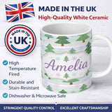 Personalized Custom Name Pastel Christmas Tree Snowflake Winter Landscape Seamless Pattern 11oz Ceramic Coffee Tea Mug White Large Handle