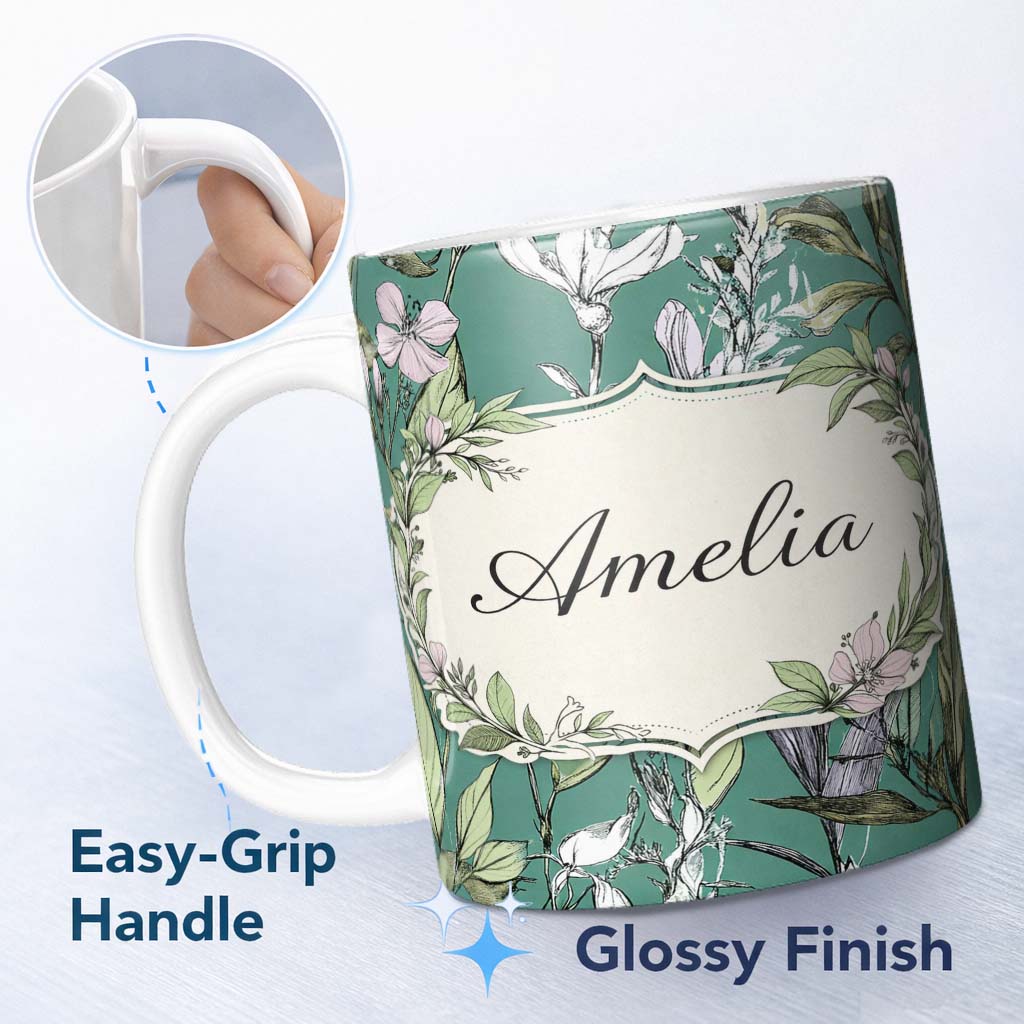 Personalized Custom Name Vintage Botanical Floral Sketch Teal Background Seamless Pattern 11oz Ceramic Coffee Tea Mug White Large Handle