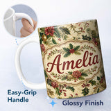 Personalized Custom Name Vintage Christmas Holly Berry Floral Elegant Seamless Pattern Lovely 11oz Ceramic Coffee Tea Mug White Large Handle
