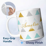 Personalized Custom Name Glitter Triangle Geometric Pattern Grey Background Seamless Lovely 11oz Ceramic Coffee Tea Mug White Large Handle