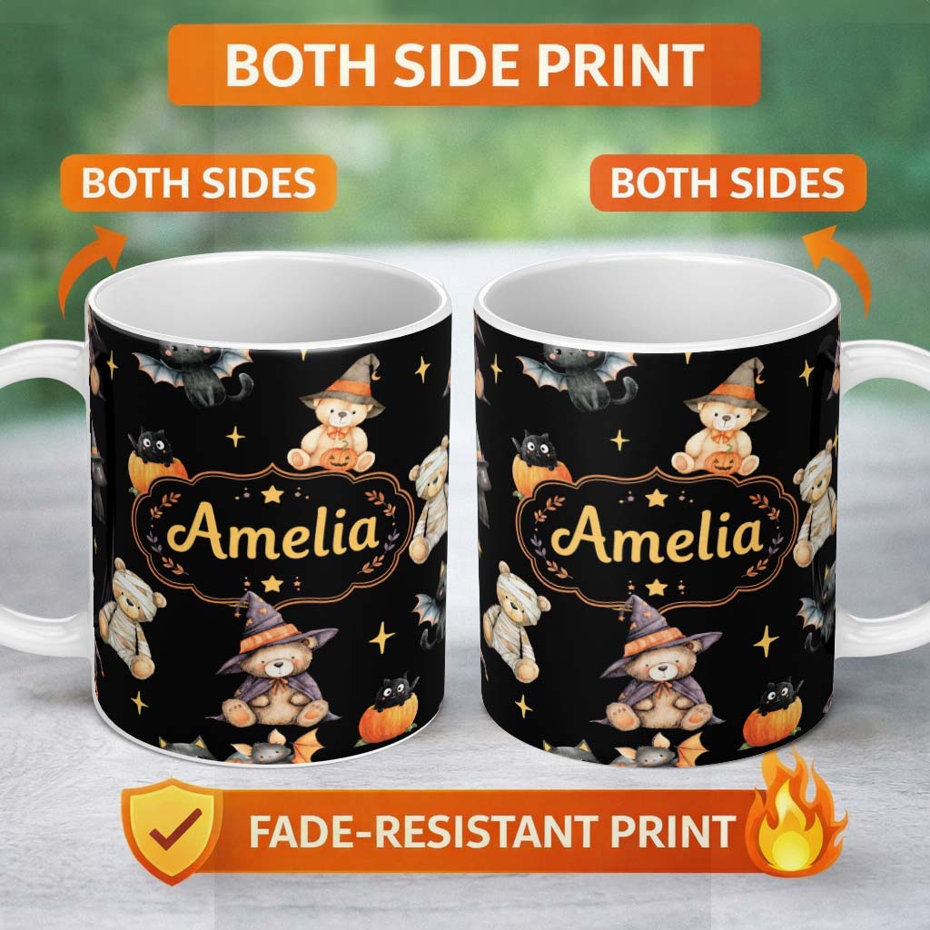 Personalized Custom Name Cute Halloween Teddy Bears Mummy Witch Cat Pumpkin Stars Black 11oz Ceramic Coffee Tea Mug White Large Handle