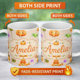 Personalized Custom Name Cute Halloween Pumpkin Candy Characters Beige Background Seamless 11oz Ceramic Coffee Tea Mug White Large Handle