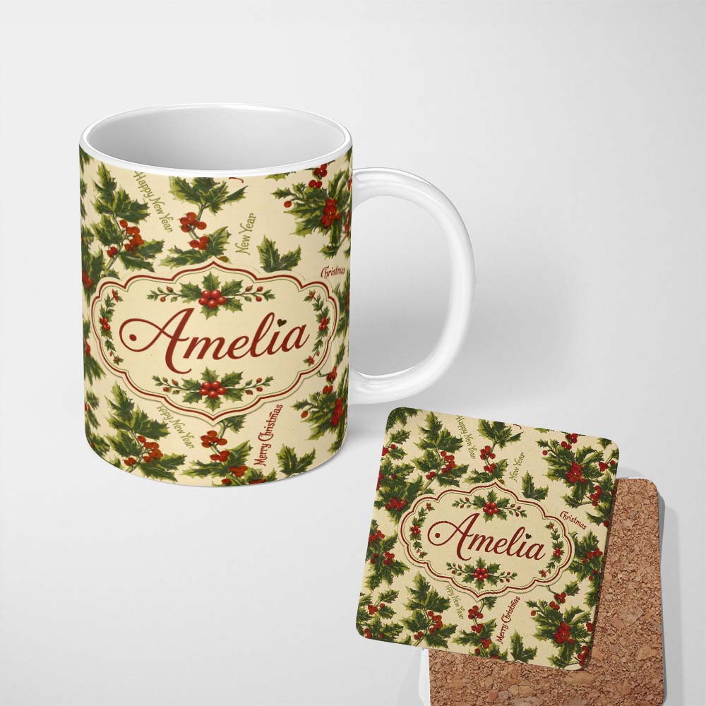 Personalized Custom Name Festive Holly Berries Merry Christmas Text Seamless Pattern Lovely 11oz Ceramic Coffee Tea Mug White Large Handle