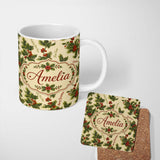 Personalized Custom Name Festive Holly Berries Merry Christmas Text Seamless Pattern Lovely 11oz Ceramic Coffee Tea Mug White Large Handle