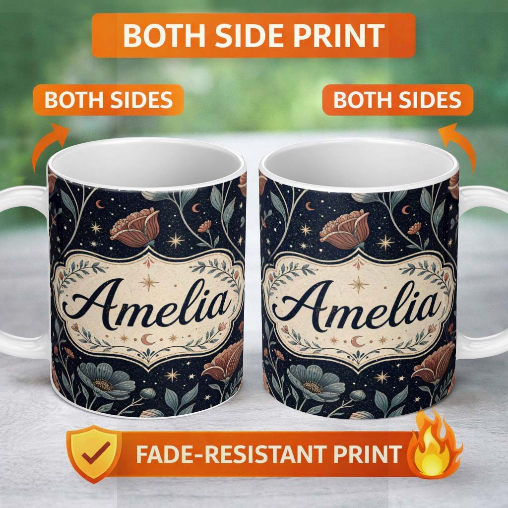 Personalized Custom Name Mystical Forest Trees Moon Stars Night Seamless Pattern Lovely 11oz Ceramic Coffee Tea Mug White Large Handle