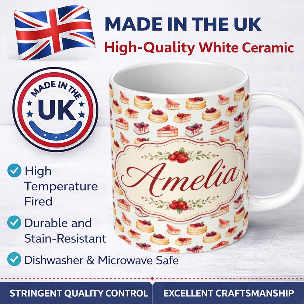Personalized Custom Name Strawberry Layer Cake Sweet Dessert Variety Seamless Pattern Lovely 11oz Ceramic Coffee Tea Mug White Large Handle