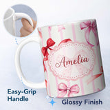 Personalized Custom Name Watercolor Ribbon Bow Seamless Pattern on Pink Stripe Background 11oz Ceramic Coffee Tea Mug White Large Handle