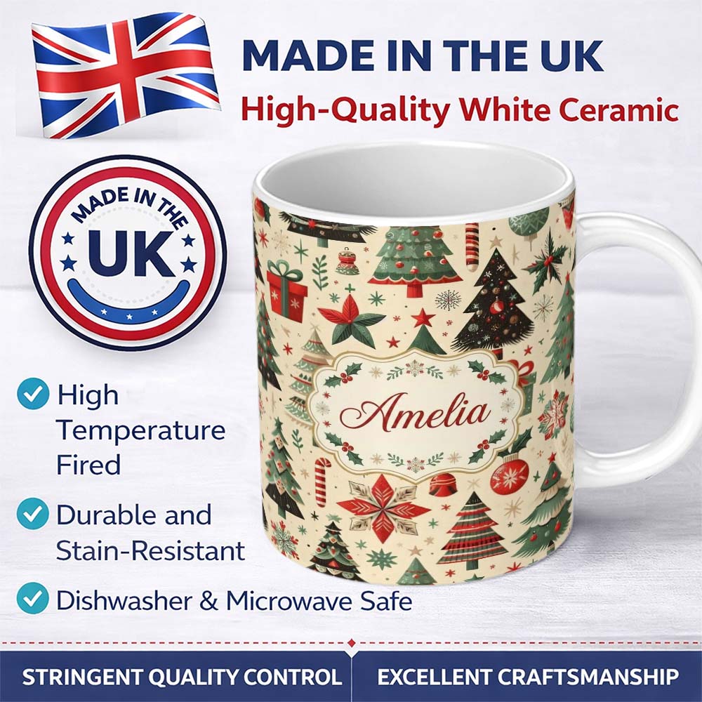 Personalized Custom Name Festive Christmas Tree Gift Ornament Star Holiday Seamless Pattern 11oz Ceramic Coffee Tea Mug White Large Handle