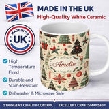 Personalized Custom Name Festive Christmas Tree Gift Ornament Star Holiday Seamless Pattern 11oz Ceramic Coffee Tea Mug White Large Handle
