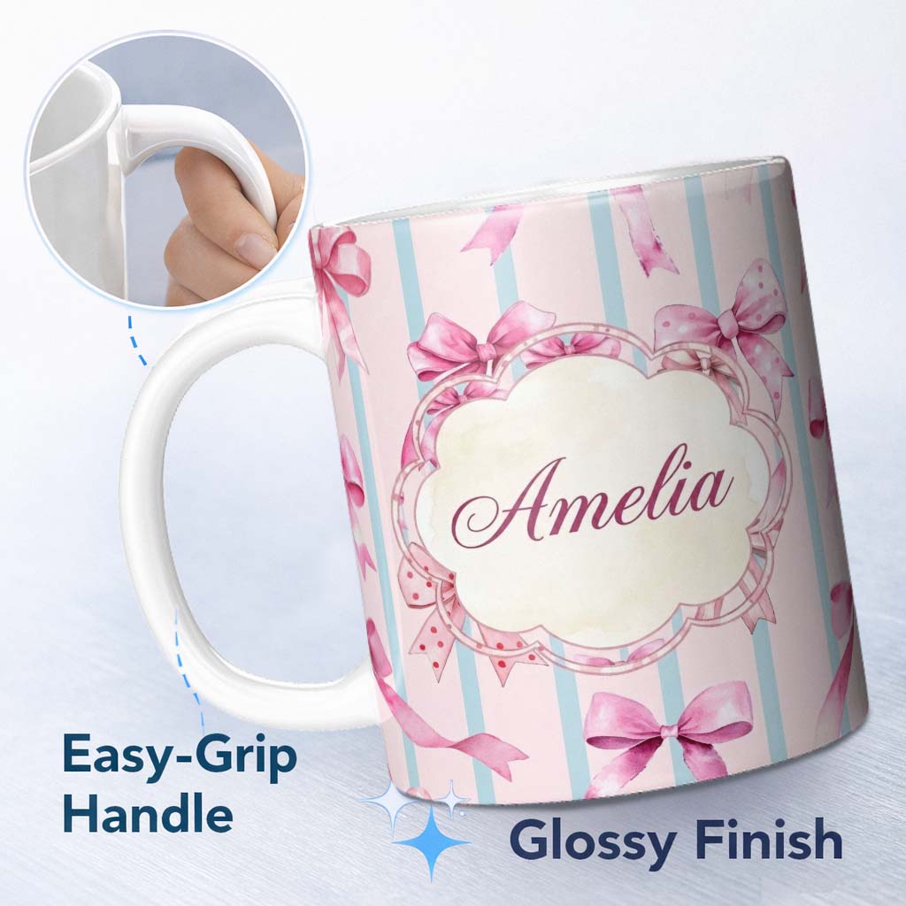 Personalized Custom Name Watercolor Pink Ribbon Bow Seamless Pattern with Blue Stripes Lovely 11oz Ceramic Coffee Tea Mug White Large Handle
