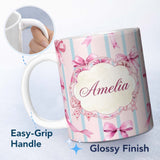 Personalized Custom Name Watercolor Pink Ribbon Bow Seamless Pattern with Blue Stripes Lovely 11oz Ceramic Coffee Tea Mug White Large Handle
