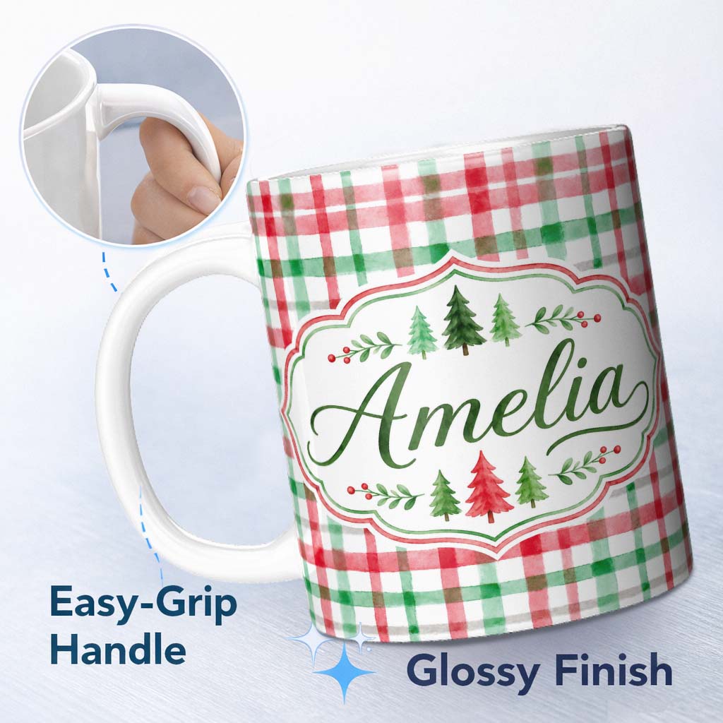 Personalized Custom Name Classic Red Green Watercolor Plaid Tartan Seamless Pattern Lovely 11oz Ceramic Coffee Tea Mug White Large Handle