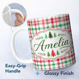 Personalized Custom Name Classic Red Green Watercolor Plaid Tartan Seamless Pattern Lovely 11oz Ceramic Coffee Tea Mug White Large Handle
