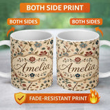 Personalized Custom Name Delicate Vintage Floral Branches Soft Neutral Background Seamless 11oz Ceramic Coffee Tea Mug White Large Handle
