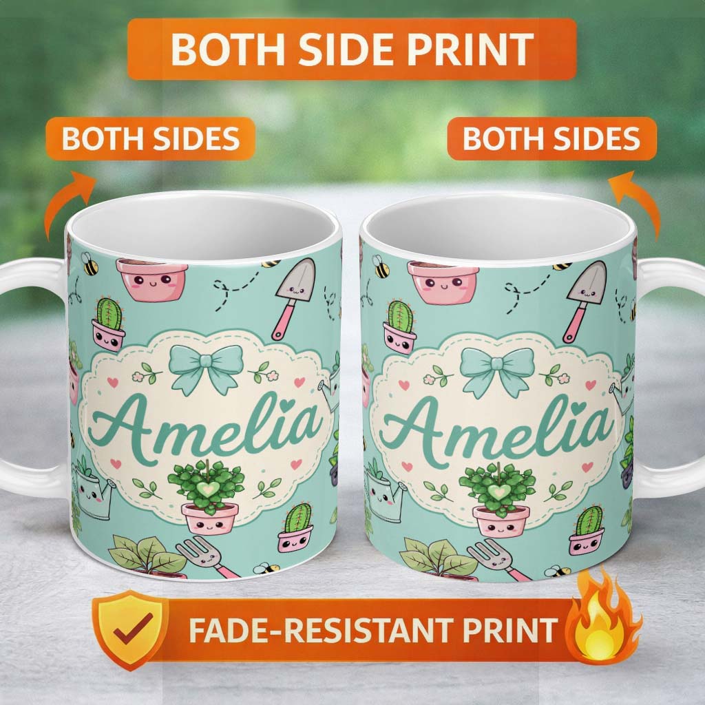 Personalized Custom Name Cute Kawaii Garden Tools Plants Bees Seamless Pattern Mint Lovely 11oz Ceramic Coffee Tea Mug White Large Handle