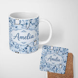 Personalized Custom Name Cute Blue Owl Birds with Floral Branch Background Seamless Pattern 11oz Ceramic Coffee Tea Mug White Large Handle