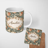 Personalized Custom Name Vintage Floral Rose Pattern Sage Green Background Seamless Design 11oz Ceramic Coffee Tea Mug White Large Handle