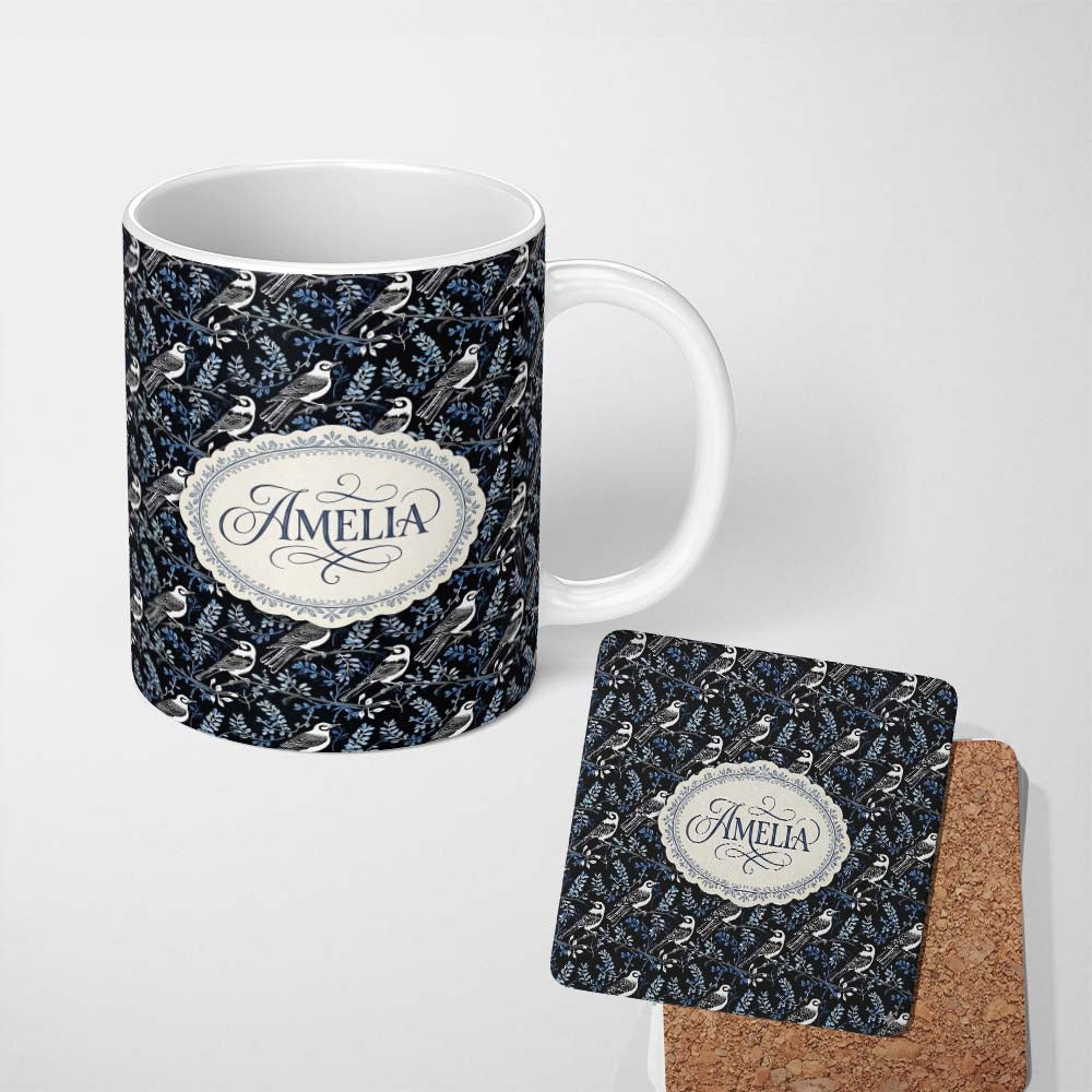 Personalized Custom Name Monochrome Bird Branch Leaf Seamless Pattern Black Blue Elegant 11oz Ceramic Coffee Tea Mug White Large Handle