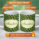 Personalized Custom Name Avocado Leaves Botanical Green Pattern Thoughtful Gift Idea Lovely 11oz Ceramic Coffee Tea Mug White Large Handle