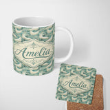 Personalized Custom Name Elegant Swimming Seals in Ocean Waves Teal Decorative Seamless 11oz Ceramic Coffee Tea Mug White Large Handle