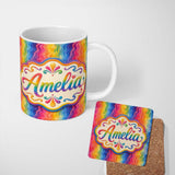 Personalized Custom Name Abstract Rainbow Wavy Gradient Flow Seamless Pattern Lovely 11oz Ceramic Coffee Tea Mug White Large Handle