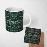 Personalized Custom Name Nordic Ornament Christmas Tree Knit Green Red White Festive Seamless 11oz Ceramic Coffee Tea Mug White Large Handle