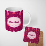 Personalized Custom Name Dark Pink Christmas Trees Stars Lights Festive Seamless Pattern 11oz Ceramic Coffee Tea Mug White Large Handle