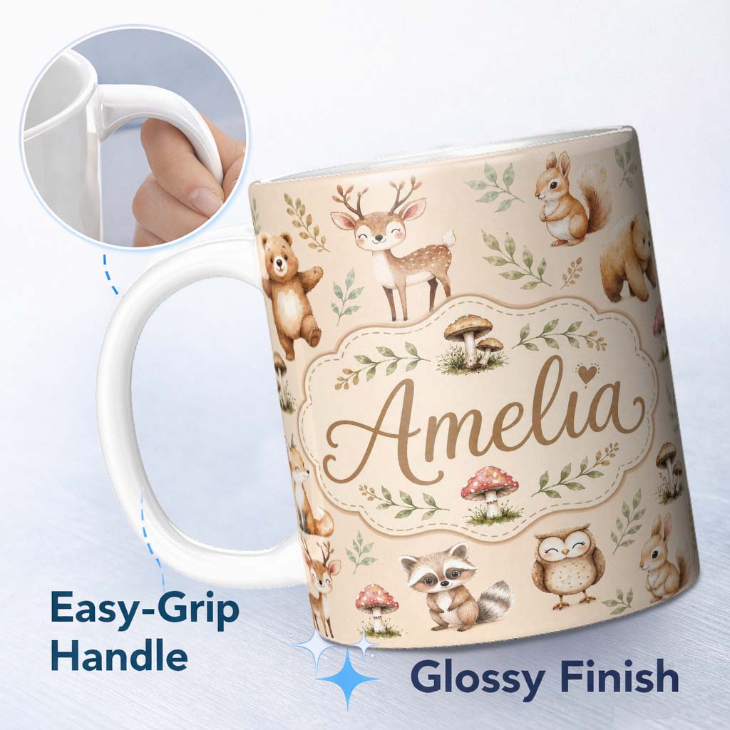 Personalized Custom Name Forest Animals Deer Bear Fox Owl Raccoon on Warm Beige Seamless 11oz Ceramic Coffee Tea Mug White Large Handle