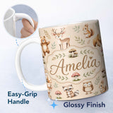 Personalized Custom Name Forest Animals Deer Bear Fox Owl Raccoon on Warm Beige Seamless 11oz Ceramic Coffee Tea Mug White Large Handle