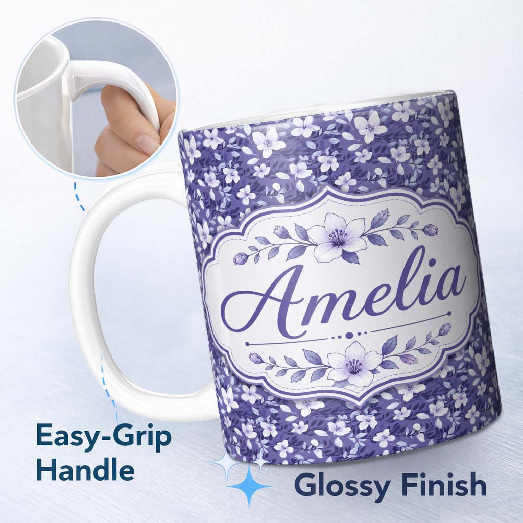 Personalized Custom Name Purple Blossom Floral Garden Seamless Pattern Thoughtful Gift Idea 11oz Ceramic Coffee Tea Mug White Large Handle