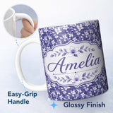 Personalized Custom Name Purple Blossom Floral Garden Seamless Pattern Thoughtful Gift Idea 11oz Ceramic Coffee Tea Mug White Large Handle