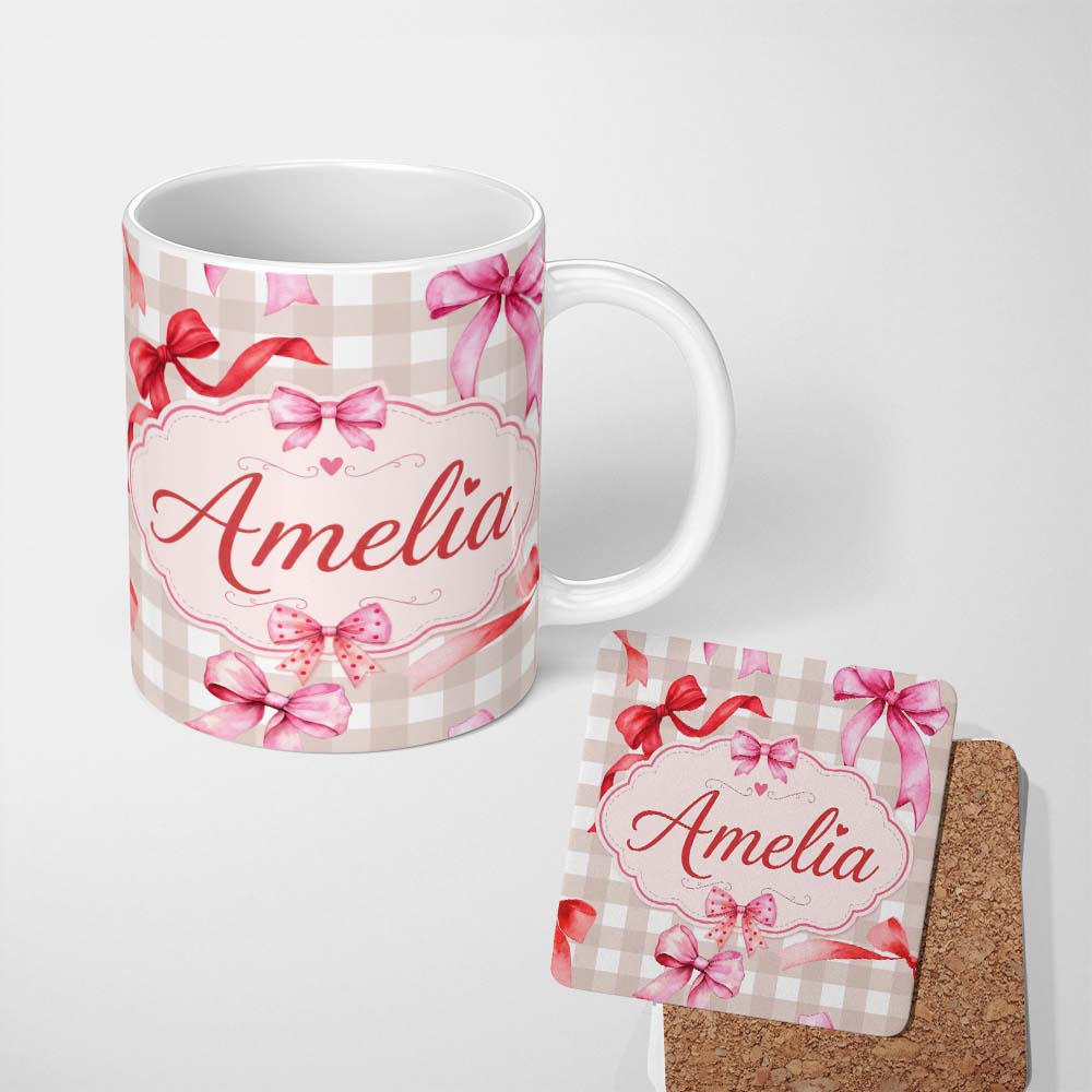 Personalized Custom Name Watercolor Red and Pink Ribbon Bows Beige Gingham Check Background 11oz Ceramic Coffee Tea Mug White Large Handle