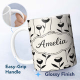 Personalized Custom Name Scandinavian Floral Stems Black Cream Simple Flower Pattern Lovely 11oz Ceramic Coffee Tea Mug White Large Handle