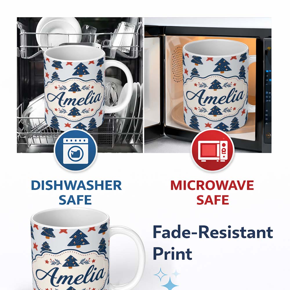 Personalized Custom Name Navy Blue Christmas Trees Red Stars Festive Seamless Pattern Lovely 11oz Ceramic Coffee Tea Mug White Large Handle