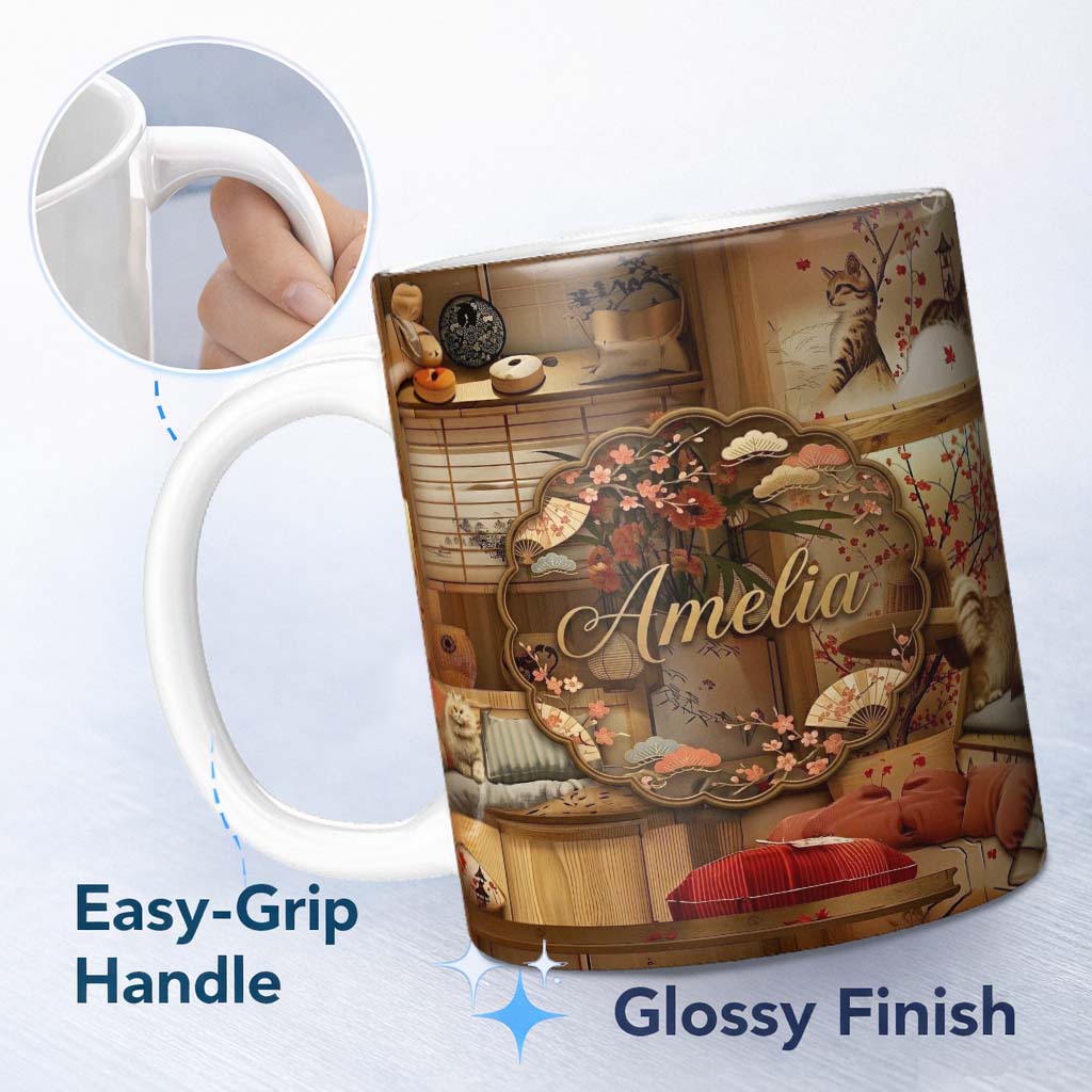 Personalized Custom Name Cozy Japanese Interior with Cats and Cherry Blossoms Pattern Warm 11oz Ceramic Coffee Tea Mug White Large Handle