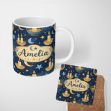 Personalized Custom Name Celestial Botanical Moon Phases Leaves Stars Seamless Pattern Lovely 11oz Ceramic Coffee Tea Mug White Large Handle