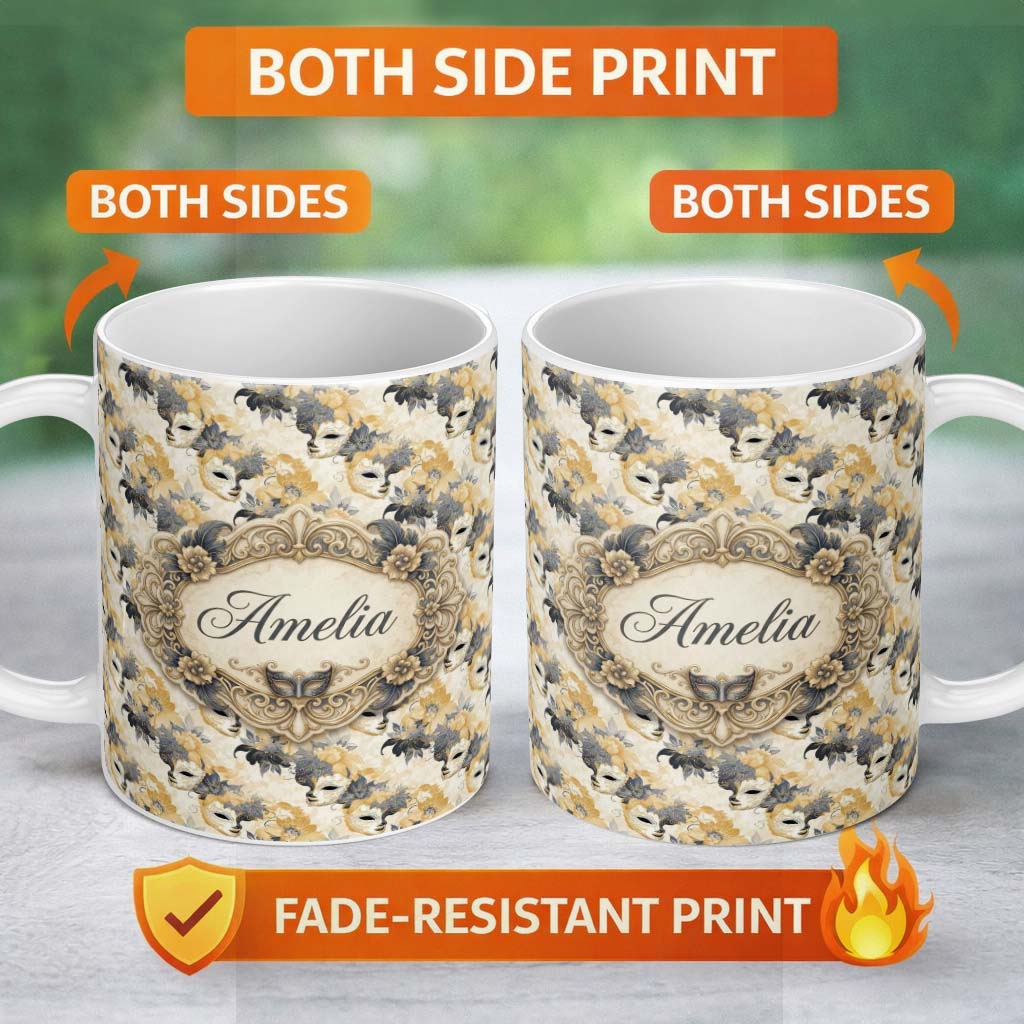 Personalized Custom Name Deep Blue Masquerade Pattern with Red and Gold Decorative Masks 11oz Ceramic Coffee Tea Mug White Large Handle