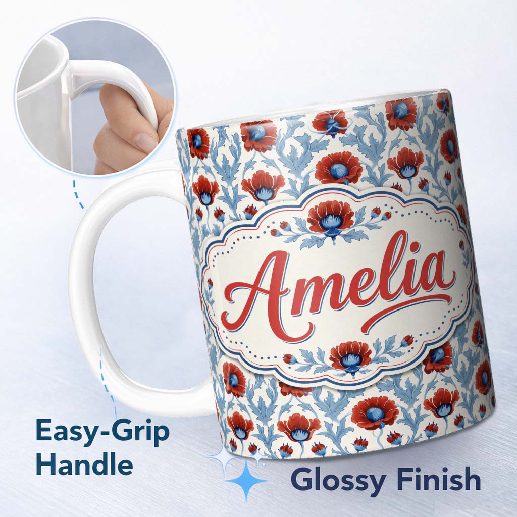 Personalized Custom Name William Morris Style Poppy Floral Pattern Vintage Botanical Seamless 11oz Ceramic Coffee Tea Mug White Large Handle