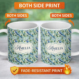 Personalized Custom Name Blue Jay Bird Watercolor Blossom Seamless Pattern Light Spring 11oz Ceramic Coffee Tea Mug White Large Handle