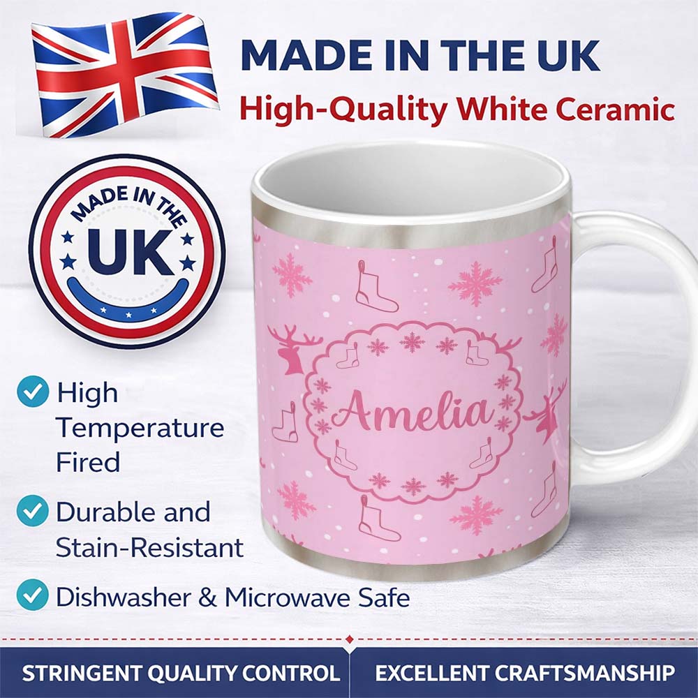 Personalized Custom Name Cute Reindeer Snowflake Christmas Stocking Pink Seamless Pattern 11oz Ceramic Coffee Tea Mug White Large Handle