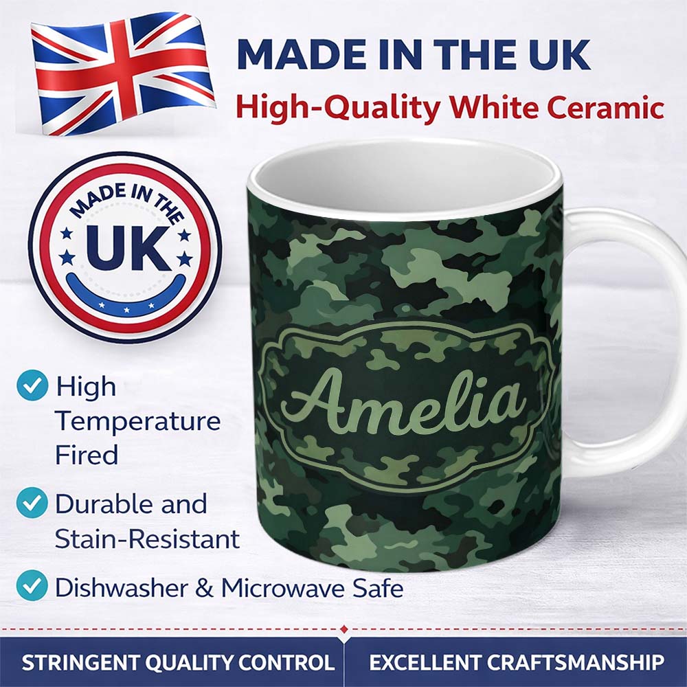 Personalized Custom Name Deep Forest Green Camouflage Modern Seamless Pattern Lovely 11oz Ceramic Coffee Tea Mug White Large Handle
