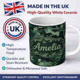Personalized Custom Name Deep Forest Green Camouflage Modern Seamless Pattern Lovely 11oz Ceramic Coffee Tea Mug White Large Handle