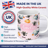 Personalized Custom Name Halloween Ghost Pumpkin Cat Seamless Pattern Pink Cute Spooky Design 11oz Ceramic Coffee Tea Mug White Large Handle