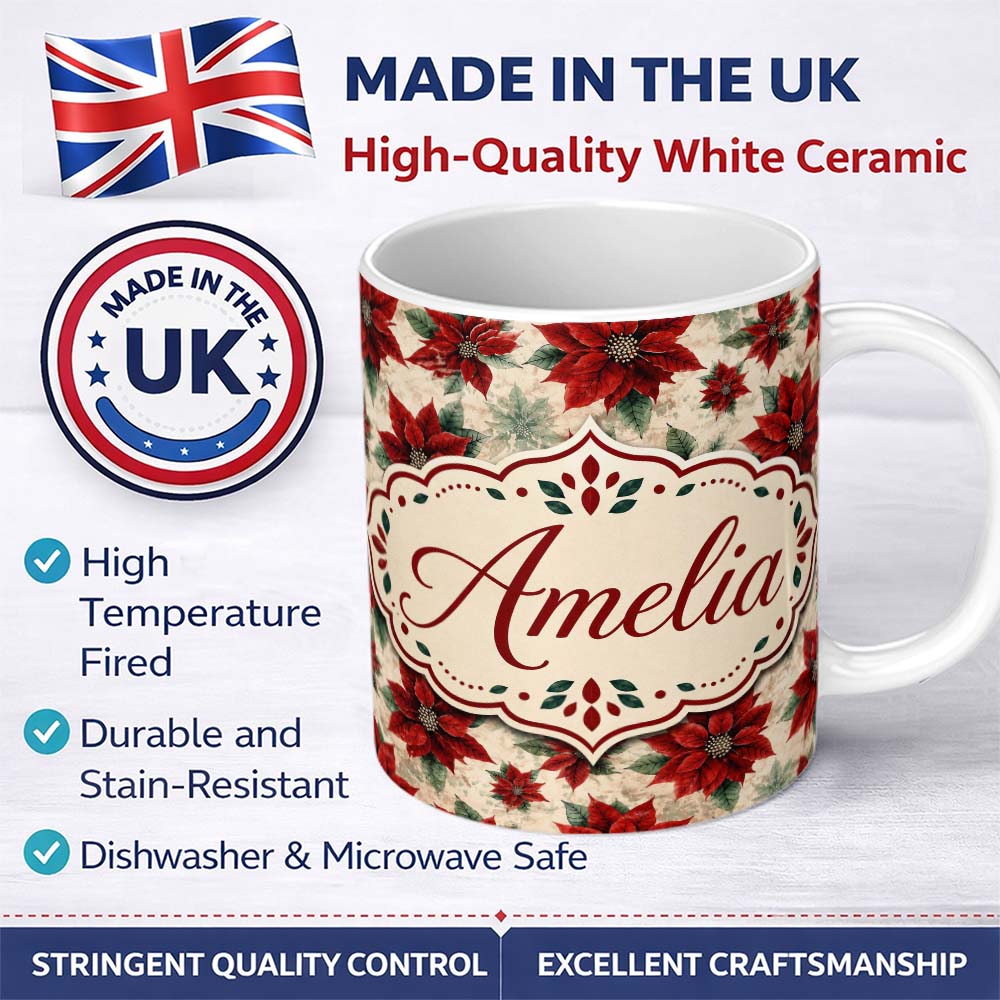 Personalized Custom Name Elegant Beige Background Poinsettia Floral Classic Seamless Pattern 11oz Ceramic Coffee Tea Mug White Large Handle