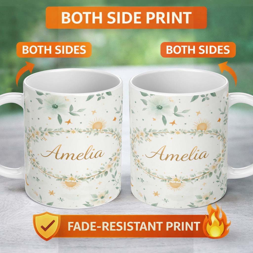 Personalized Custom Name Minimal Floral Leaves and Sun Pattern White Background Seamless 11oz Ceramic Coffee Tea Mug White Large Handle