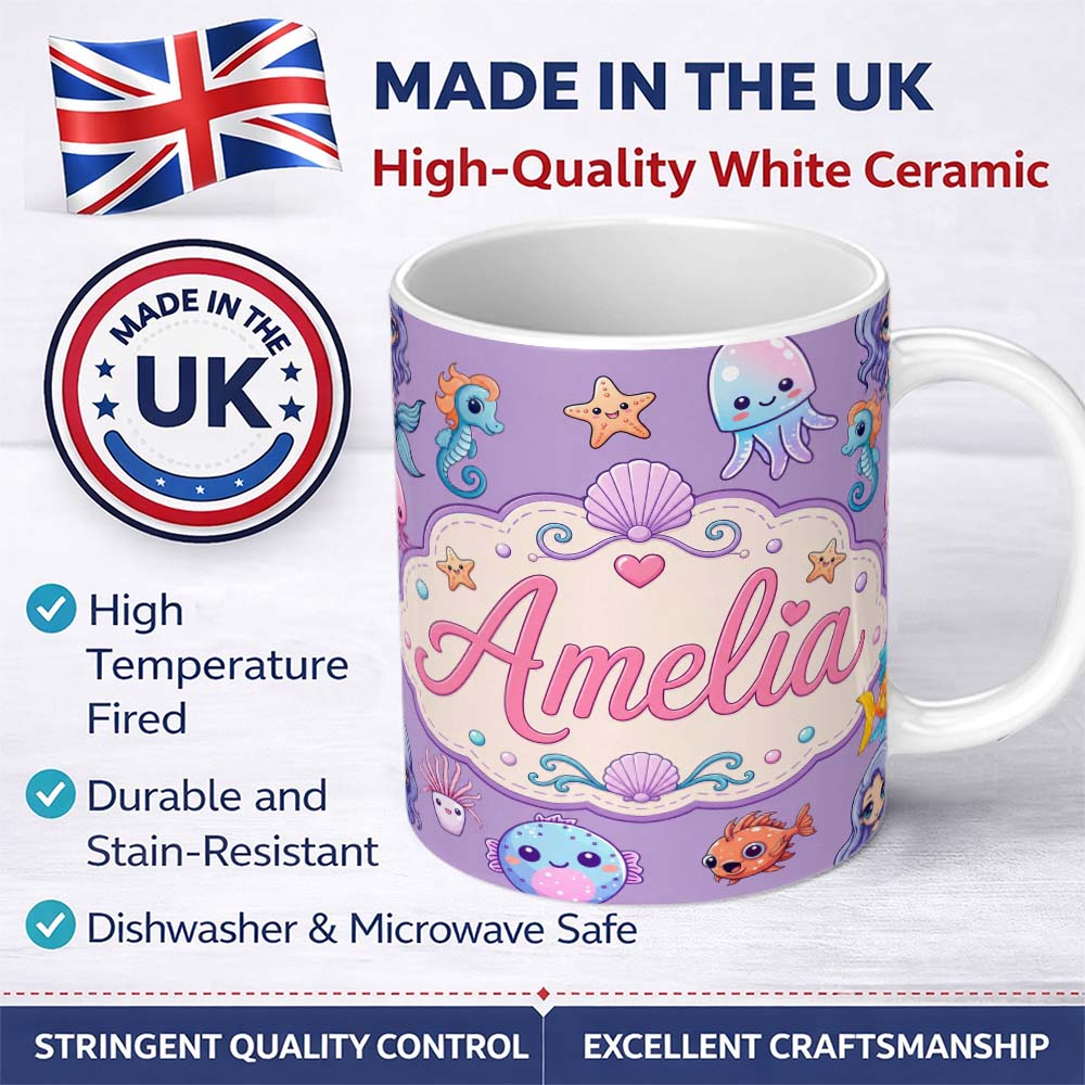 Personalized Custom Name Cute Kawaii Mermaid Seahorse Jellyfish and Starfish Purple Lovely 11oz Ceramic Coffee Tea Mug White Large Handle