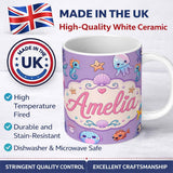 Personalized Custom Name Cute Kawaii Mermaid Seahorse Jellyfish and Starfish Purple Lovely 11oz Ceramic Coffee Tea Mug White Large Handle