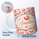 Personalized Custom Name Stylised Coral Shrimp with Floral Elements Seamless Pattern Lovely 11oz Ceramic Coffee Tea Mug White Large Handle